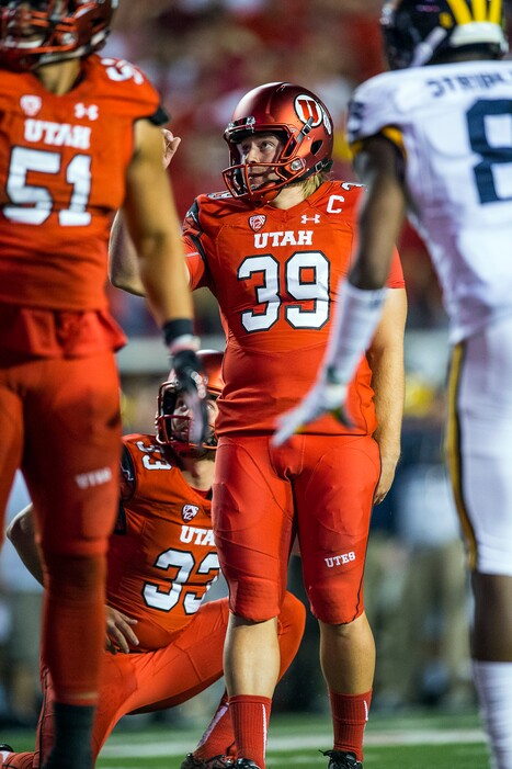 Chris Detrick | The Salt Lake Tribune
Utah Utes place kicker Andy Phillips (39) kicks a point after touchdown during the second half of the game at Rice-Eccles Stadium Thursday September 3, 2015. Utah defeated Michigan 24-17.