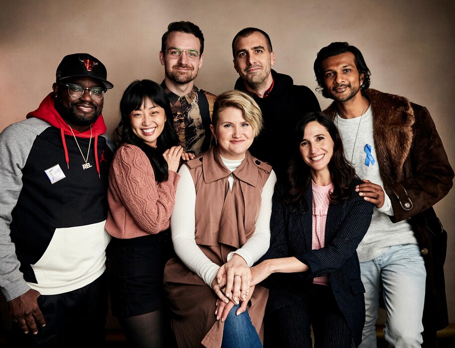 (Taylor Jewell | Invision | The Associated Press) Lil Rel Howery, from left, Alice Lee, Micah Stock, Jillian Bell, director Paul Downs Colaizzo, Michaela Watkins and Utkarsh Ambudkar pose for a portrait to promote the film "Brittany Runs A Marathon" at the Salesforce Music Lodge during the Sundance Film Festival on Sunday, Jan. 27, 2019, in Park City, Utah.