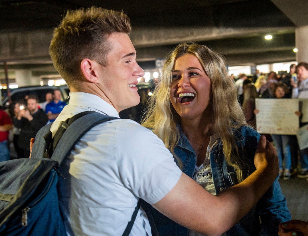 (Rick Egan  |  The Salt Lake Tribune)     Lauren Preston welcomes home her brother Kaleb Preston, from his mission in the Philippines, at the Salt Lake City International Airport, the Preston's are from Kaysville, Sunday, March 22, 2020.