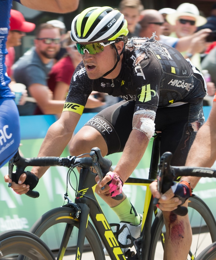 (Rick Egan  |  The Salt Lake Tribune)  Robin Carpenter made an epic rally to cross the fishline in 4th place, after crashing 25 miles into the race, in the Tour of Utah stage 5, Friday, August 4, 2017.


