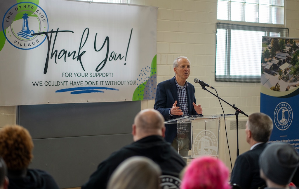 (Rick Egan | The Salt Lake Tribune) Wayne Niederhauser speaks at the groundbreaking ceremony for the new Other Side Prep School in Salt Lake City, on Friday, Feb 21, 2025. Gov. Spencer Cox announced Tuesday that Niederhauser would be stepping down from his role as homelessness coordinator in December.

