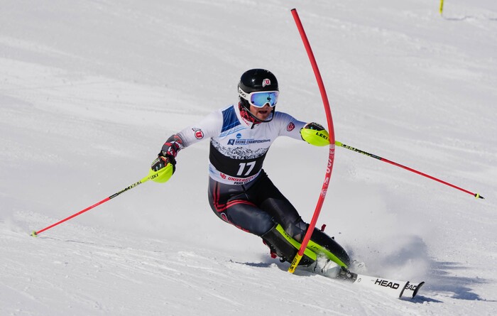 (Francisco Kjolseth | The Salt Lake Tribune) Gustav Vøllo of the University of Utah competes in men’s slalom as he takes second place during the NCAA Skiing Championships held at Park City Mountain Resort on Friday, March 11, 2022, in Park City, Utah.