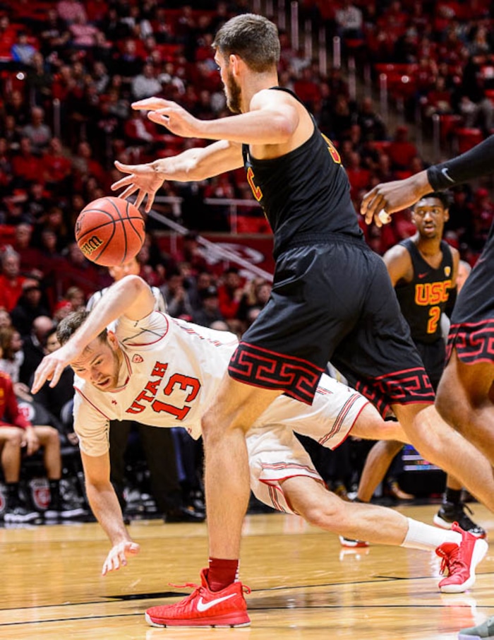(Trent Nelson | The Salt Lake Tribune)  USC Trojans forward Nick Rakocevic (31) and Utah Utes forward David Collette (13) as the University of Utah hosts USC, NCAA basketball at the Huntsman Center in Salt Lake City, Saturday Feb. 24, 2018.