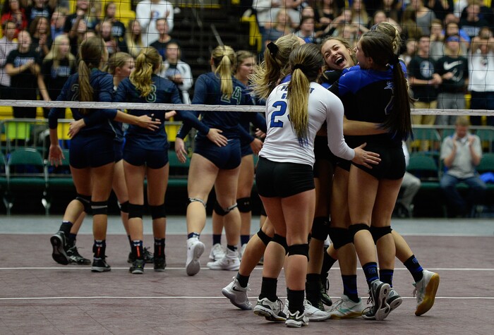 (Francisco Kjolseth  |  The Salt Lake Tribune)  Pleasant Grove celebrates their win over Syracuse in their quarterfinal match at the UCCU Center at Utah Valley University on Thursday, Nov. 2, 2017, defeating them in three straight sets.
