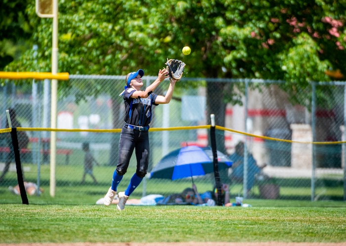 (Isaac Hale | Special to The Tribune) Bingham's Braxtyn Hunter (9) makes a catch during the second game of a best-of-three series between the Bingham Miners and the Riverton Silverwolves as part of the 6A state softball championship held at the Spanish Fork Sports Park on Friday, May 28, 2021.