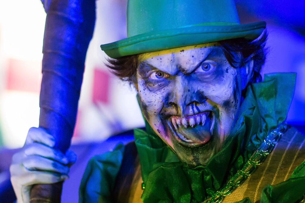 (Carla Carniel | AP photo)
An actor dressed as a leprechaun performs at the Hopi Hari horror theme amusement park, in the Vinhedo suburb of Sao Paulo, Brazil, Friday, Sept. 4, 2020. Due to the restrictions caused by COVID-19, the park created a drive-thru tour that allow the public to enjoy the experience by car.