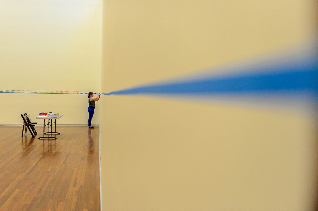(Trent Nelson  |  The Salt Lake Tribune)  Amber Heaton at work in the Great Hall at the Utah Museum of Fine Arts in Salt Lake City on Tuesday, Aug. 15, 2017. The re-imagined UMFA reopens to the public Saturday, Aug. 26.