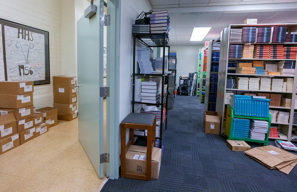 (Leah Hogsten | The Salt Lake Tribune) Highland High School's book depository, Sept. 27, 2022. The books were moved from the library to the basement in 2021.  