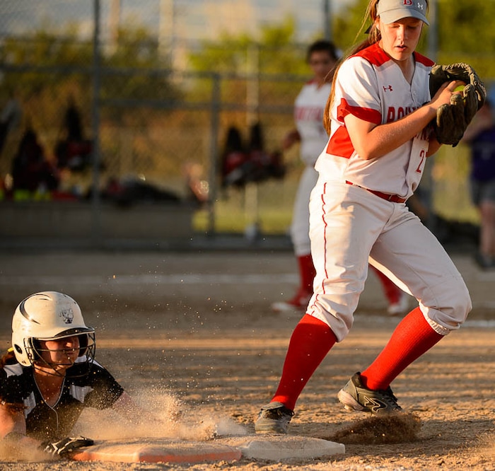 (Trent Nelson | The Salt Lake Tribune)  Box Elder beats Bountiful High School in the 5A Softball State Championship game, Thursday May 24, 2018. Bountiful's Abby Steed (27) tags out Box Elder's Sydnie Blacker (12).