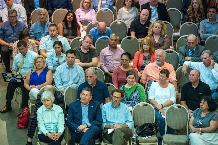 (Chris Detrick  |  The Salt Lake Tribune) Members of the public listen during a public forum about Operation Rio Grande at The Gateway in Salt Lake City Tuesday, August 15, 2017. 