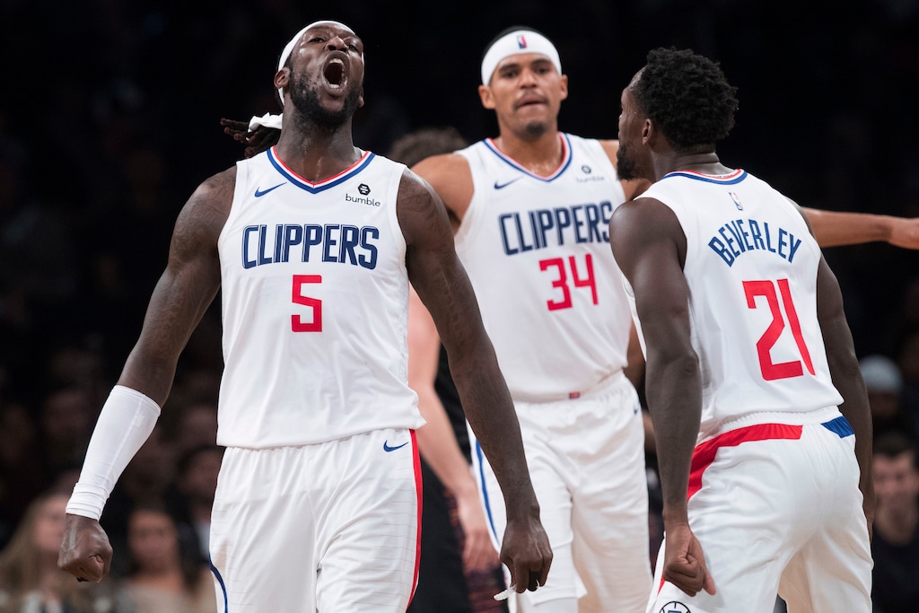 (Mary Altaffer | AP Photo) Los Angeles Clippers forward Montrezl Harrell (5) forward Tobias Harris (34) and guard Patrick Beverley (21) react during the final seconds of second half of an NBA basketball game against the Brooklyn Nets, Saturday, Nov. 17, 2018, in New York. The Clippers won 127-119.