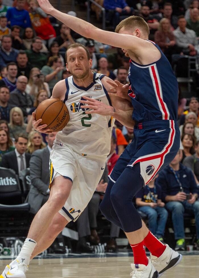 (Rick Egan  |  The Salt Lake Tribune)     Utah Jazz guard Joe Ingles (2) tries to get by Washington Wizards forward Davis Bertans (42) defends, in NBA action between the Utah Jazz and the Washington Wizards, in Salt Lake City, Friday, February 28, 2020