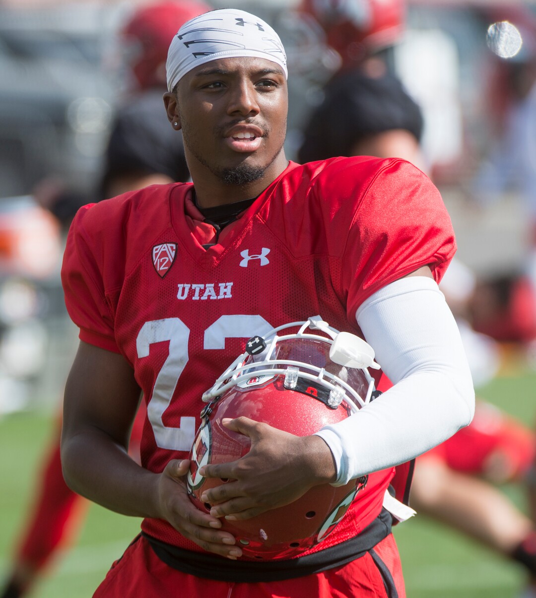 (Rick Egan  |  The Salt Lake Tribune)  University of Utah Running back Armand Shyne  (23), at football practice, Monday, July 31, 2017.