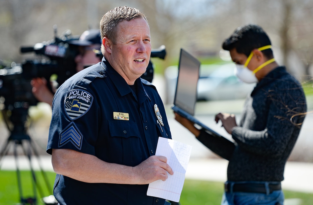 (Francisco Kjolseth  |  The Salt Lake Tribune) West Jordan police spokesman Sgt. J.C. Holt announces a suspect during a press conference on Monday, April 20, 2020, in connection with the double homicide of Tony and Katherine Butterfield who were killed in an apparent home invasion in West Jordan early Saturday. Albert Enoch Johnson, 31, described as 5'10'' and 270-pounds was announced as a person of interest.