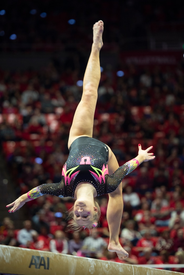 (Rick Egan  |  The Salt Lake Tribune)  Shannon McNatt competes on the balance beam, in PAC-12 Gymnastics action between the Utes and The California Golden Bears, in the Jon M. Huntsman Center, in Salt Lake City, Saturday, Feb. 9, 2019. 