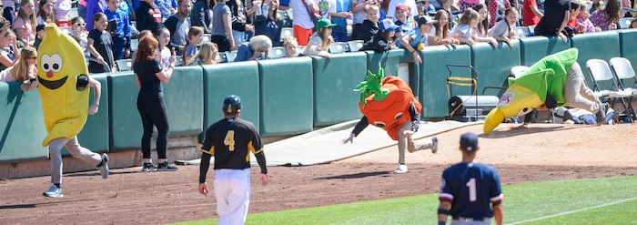 (Francisco Kjolseth  |  The Salt Lake Tribune)  The vegetables go flying during the foot race to the delight of kids during the Salt  Lake Bees game against the Rainiers during the annual kids day game at Smith's Ballpark on Thursday, May 2, 2019.