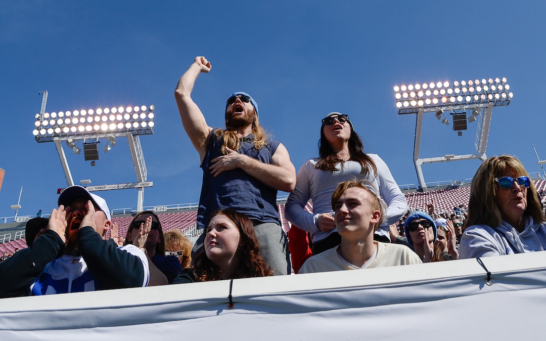 (Francisco Kjolseth  |  The Salt Lake Tribune)  Fans cheer on the Salt Lake Stallions as they host the Memphis Express of the Alliance of American Football in Salt Lake City on Saturday March 16, 2019.