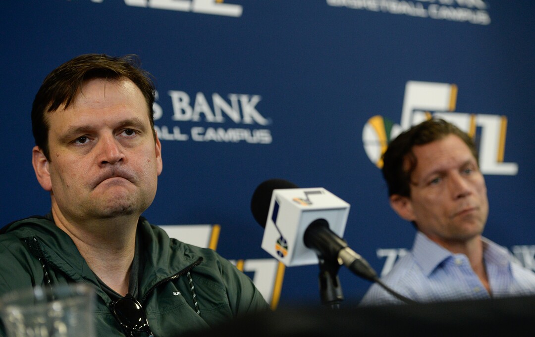 (Francisco Kjolseth  |  The Salt Lake Tribune)  Utah Jazz General Manager Dennis Lindsey and head coach Quin Snyder speak with the media during exit interviews at their practice facility in Salt Lake City Wed., May 8, 2018, after losing to the Houston Rockets in game 5 of their Western Conference semifinals during the 2018 NBA Playoffs.