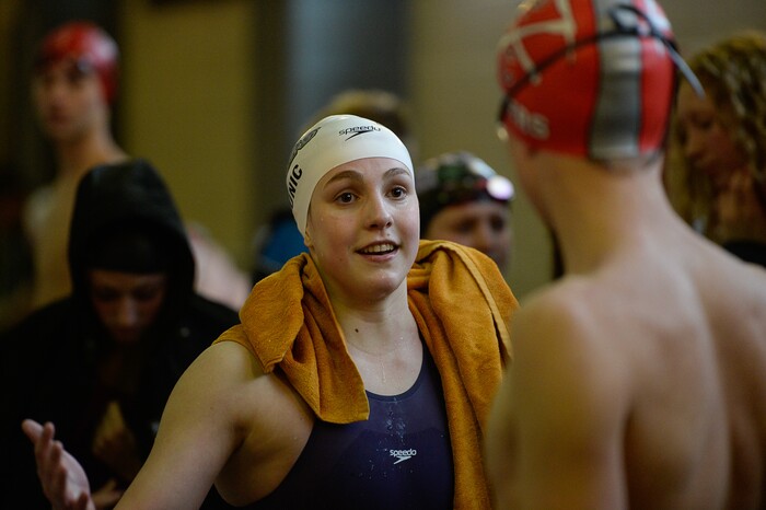 (Francisco Kjolseth  |  The Salt Lake Tribune)  Helena Djunic of Park City is congratulated for her first place finish in the Women 200 Yard Free at the high school swimming 4A State Championships in Bountiful, Friday February 9, 2018.