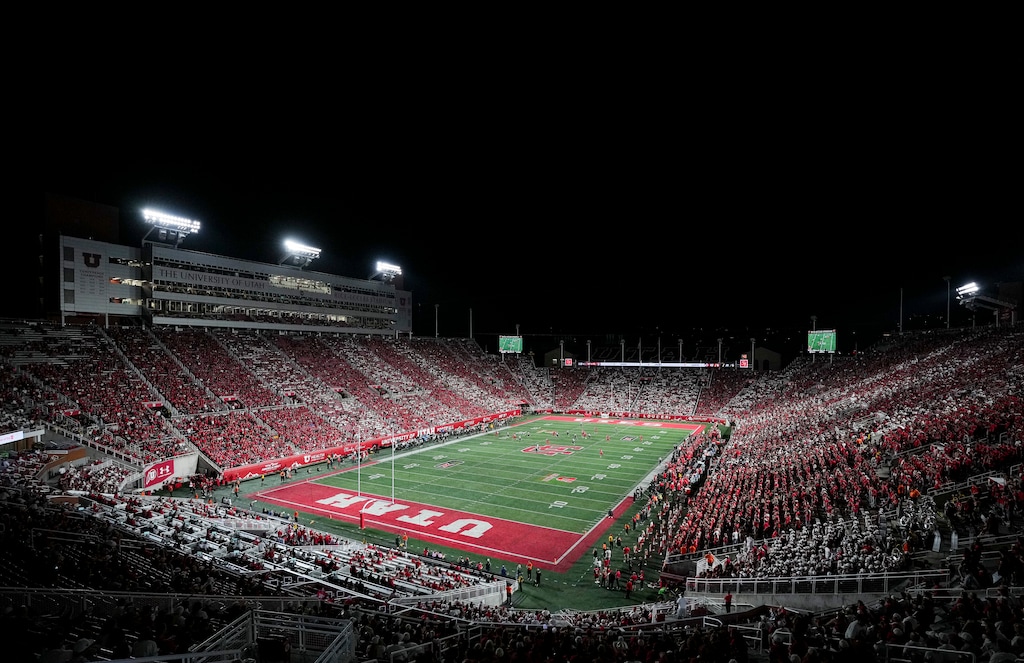(Bethany Baker  |  The Salt Lake Tribune) New lights illuminate the stadium during the second half of the game between the Utah Utes and the Idaho Vandals at Rice-Eccles Stadium in Salt Lake City on Thursday, Sept. 3, 2026.