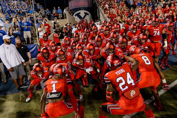 (Trent Nelson | The Salt Lake Tribune)  Utah takes the field as BYU hosts Utah on Saturday, September 9, 2017.