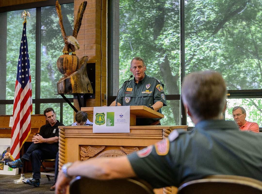 Trent Nelson  |  The Salt Lake Tribune
David Broadbent, president, Boys Scouts of America Great Salt Lake Council, speaks at an event celebrating the protection of land in Mill Creek Canyon that includes a section of the popular Bonneville Shoreline Trail, Saturday June 4, 2016.