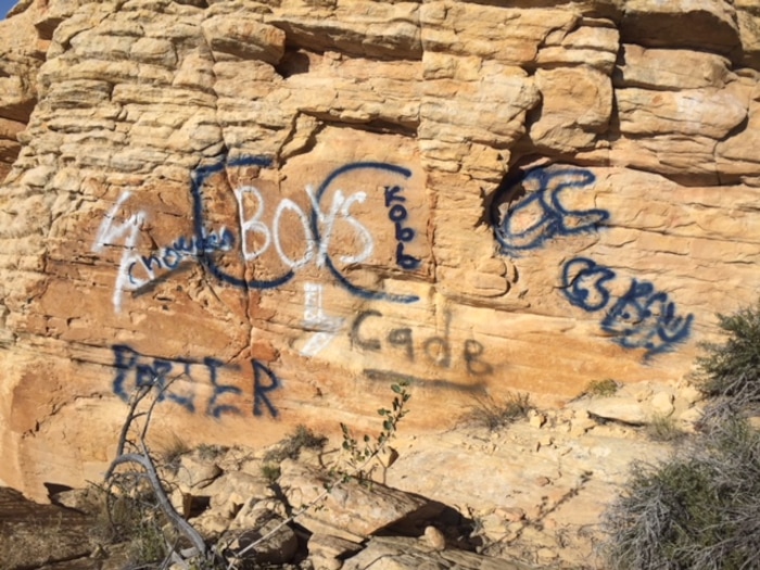 (Photo courtesy of Snow Canyon State Park) Snow Canyon State Park officials are looking for information on vandalism near White Rocks. Anyone with tips is asked to call 435-628-2255 or email snowcanyon@utah.gov.