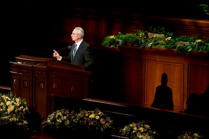(Jeremy Harmon  |  The Salt Lake Tribune)  Elder Claudio D. Zivic speaks during the Sunday morning session of General Conference on April 1, 2018.