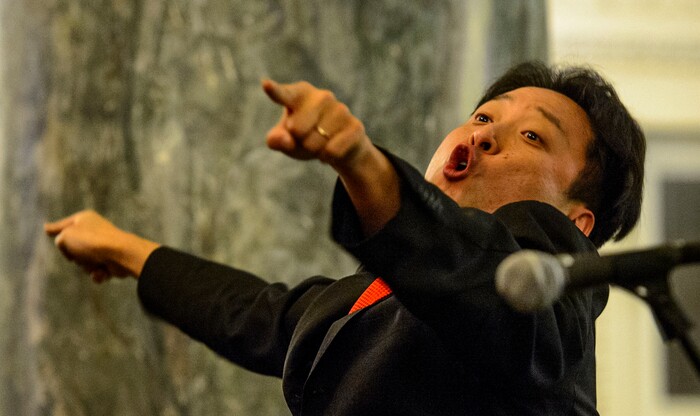 (Steve Griffin  |  The Salt Lake Tribune)  Masa Fukuda directs the One Voice Children's Choir during a concert at the Joseph Smith Memorial Building in Salt Lake City Friday December 8, 2017.