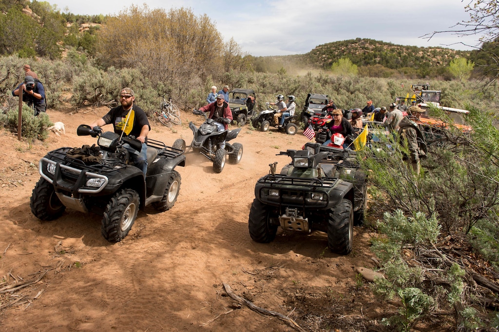 (Trent Nelson | The Salt Lake Tribune)

 In this May 10, 2014, file photo, people ride ATV's into Recapture Canyon north of Blanding, Utah, in a protest against what demonstrators call the federal government's overreaching control of public lands.