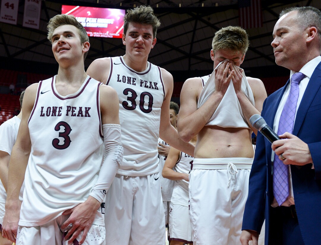 (Leah Hogsten  |  The Salt Lake Tribune) Lone Peak defeated Pleasant Grove 61-44 to win the 6A High School Boys’ Basketball Tournament Championship at the Jon M. Huntsman Center in Salt Lake City, Saturday, March 3, 2018. 