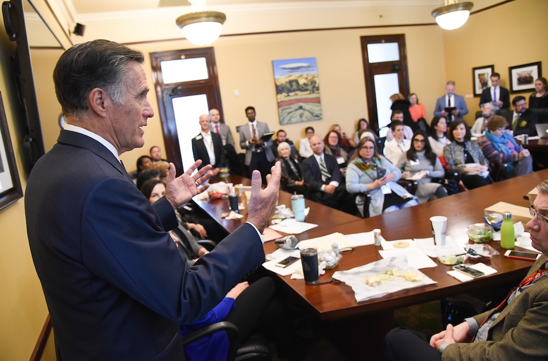 (Francisco Kjolseth  |  The Salt Lake Tribune)  Sen. Mitt Romney meets state lawmakers at the Utah Capitol as he speaks with members of the Democratic House Caucus during a series of meetings on Thursday, Feb. 21, 2019.