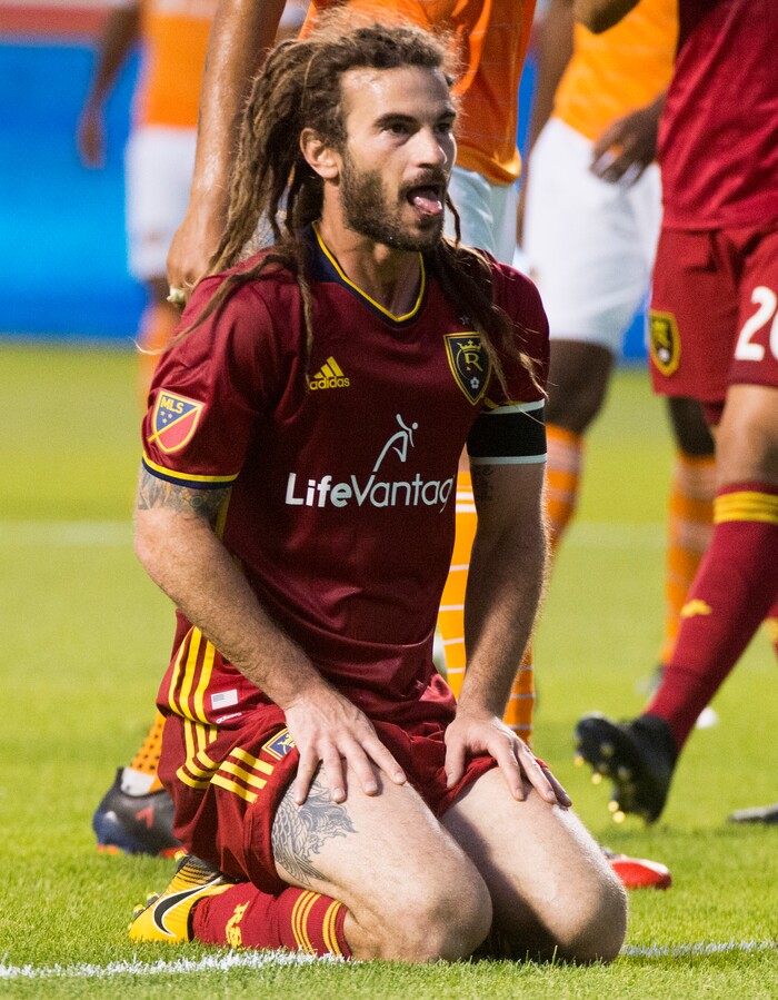 (Rick Egan | The Salt Lake Tribune) Real Salt Lake midfielder Kyle Beckerman (5) reacts after a missed chance to score on a corner kick, in MLS action, Real Salt Lake vs. Houston Dynamo, in Sandy, Saturday, August 5, 2017.