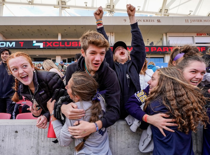 (Leah Hogsten | The Salt Lake Tribune) Skyline's goal keeper Annika Deans celebrates the win with friends. Skyline High School defeated Lehi High School, 3-1 to win the 5A Championship title Oct. 22, 2021 at Rio Tinto Stadium.