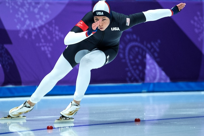 (Chris Detrick  |  The Salt Lake Tribune) USA's Brittany Bowe competes in the Ladies' 500m at the Gangneung Oval during the Pyeongchang 2018 Winter Olympics Sunday, Feb. 18, 2018. Bowe finished in 5th place with a time of 37.530. 