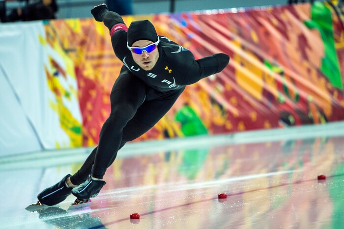 (Chris Detrick  |  The Salt Lake Tribune)  Joey Mantia, of Ocala, Fla., competes in the men's 1,000 meter speed skating race at Adler Arena Skating Center during the 2014 Sochi Olympic Games Wednesday February 12, 2014. Mantia finished in 15th place with a time of 1:09.72.
