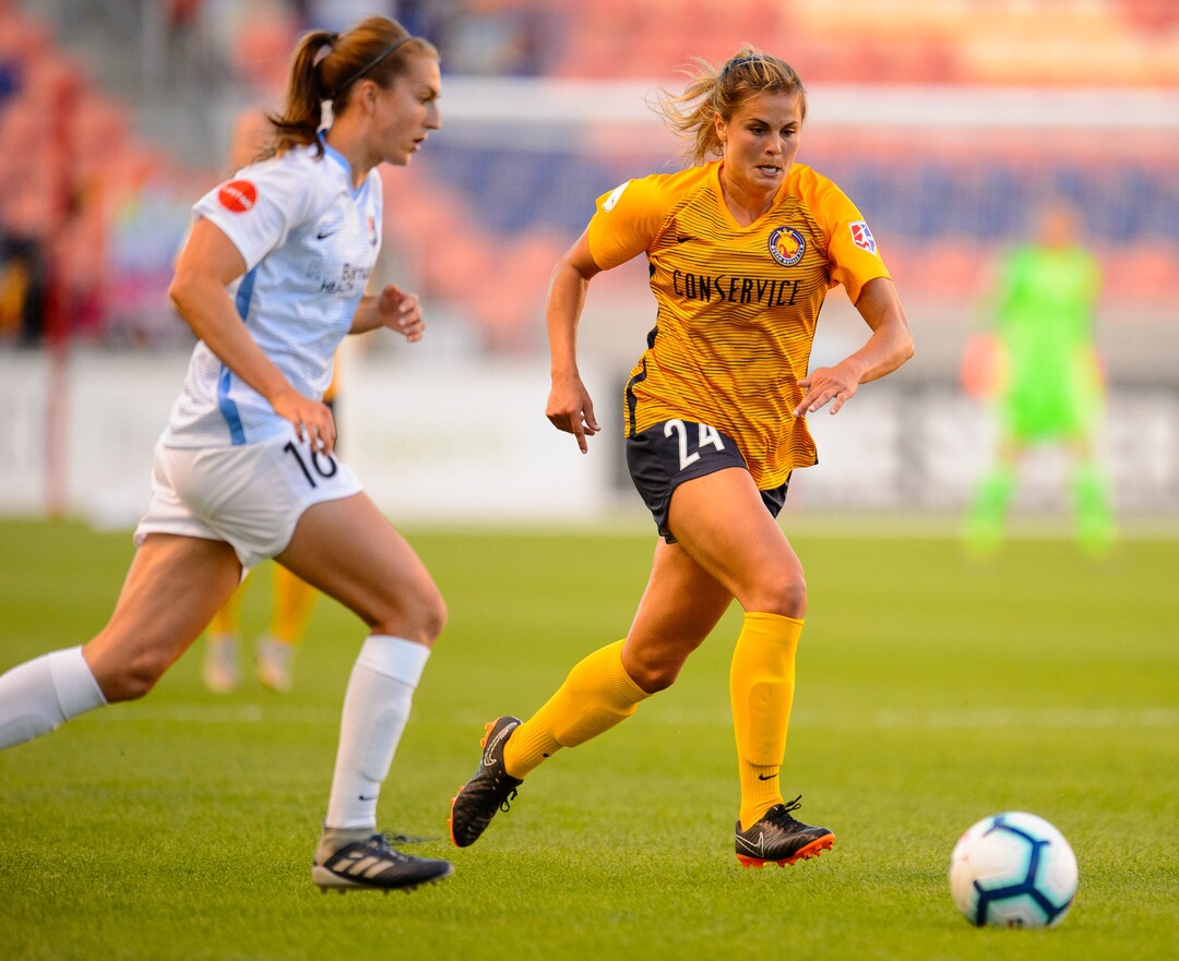 (Trent Nelson  |  The Salt Lake Tribune)  Utah Royals FC forward Katie Stengel (24) as Utah Royals FC hosts Sky Blue FC at Rio Tinto Stadium in Sandy on Saturday June 15, 2019.