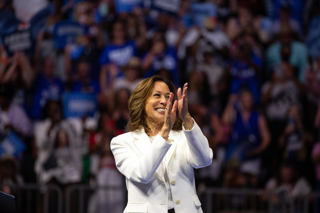 Vice President Kamala Harris delivers remarks at a campaign rally in Savannah, Ga., on Aug. 29, 2024.