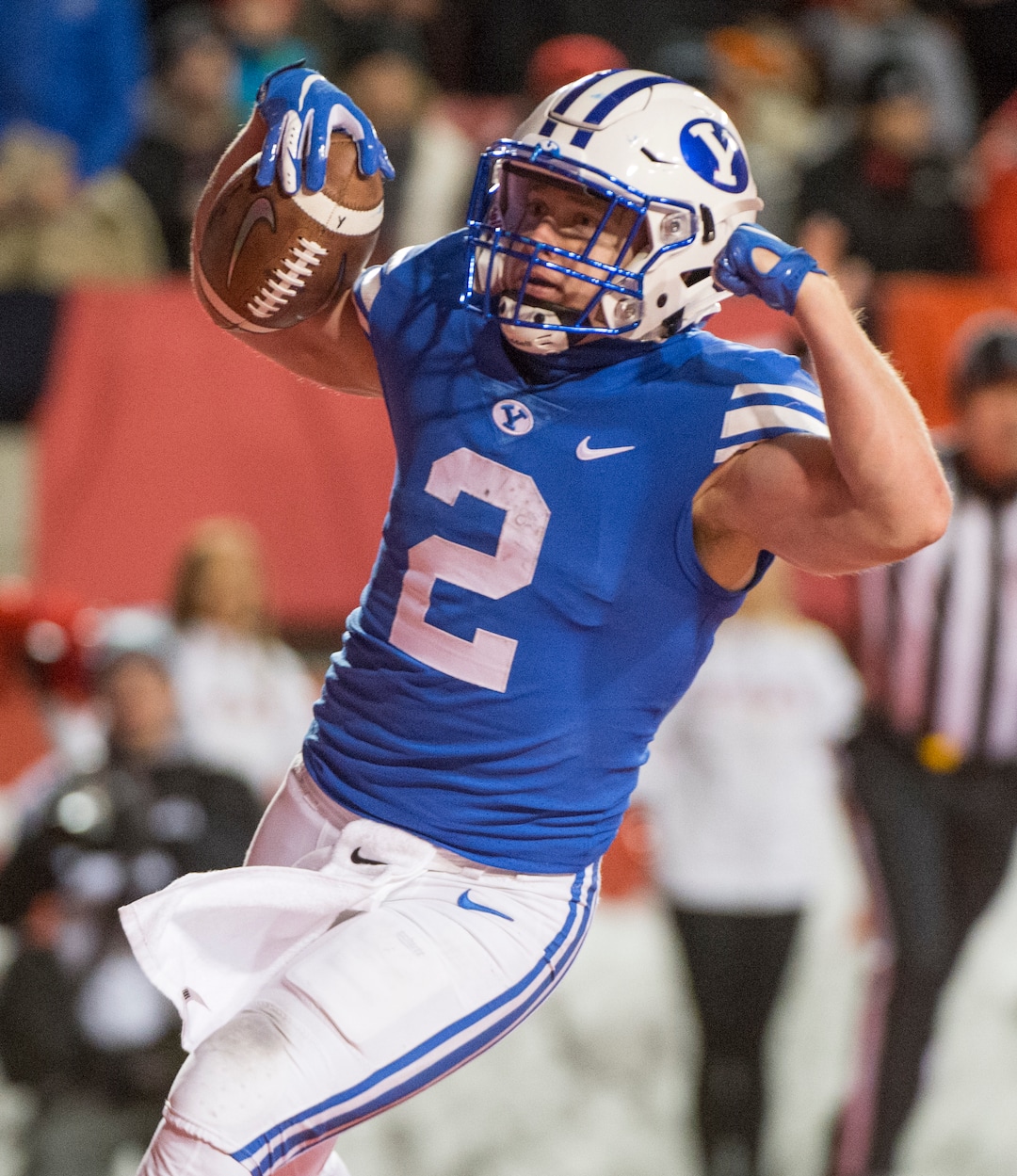 (Rick Egan  |  The Salt Lake Tribune)        Brigham Young running back Matt Hadley (2) scores a touchdown for the Cougars, in football action between the Brigham Young Cougars and the Utah Utes, at Rice-Eccles Stadium, Saturday, November 24, 2018.