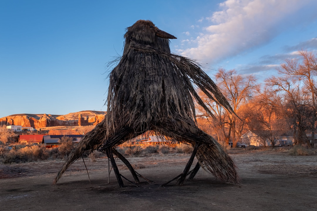(Photo courtesy of John Gregor | Cold Snap Photography) The completed raven sculpture in Bluff, Utah, which was burned on Dec. 21, 2019 to celebrate the winter solstice.