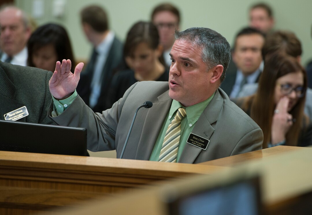 (Scott Sommerdorf   |  The Salt Lake Tribune)   Brian Dean of the Office of the Legislative Auditor General delivers their findings during the Legislative Audit Committee's hearing on a "Performance Audit of Juvenile Justice Services", Thursday, January 25, 2018.