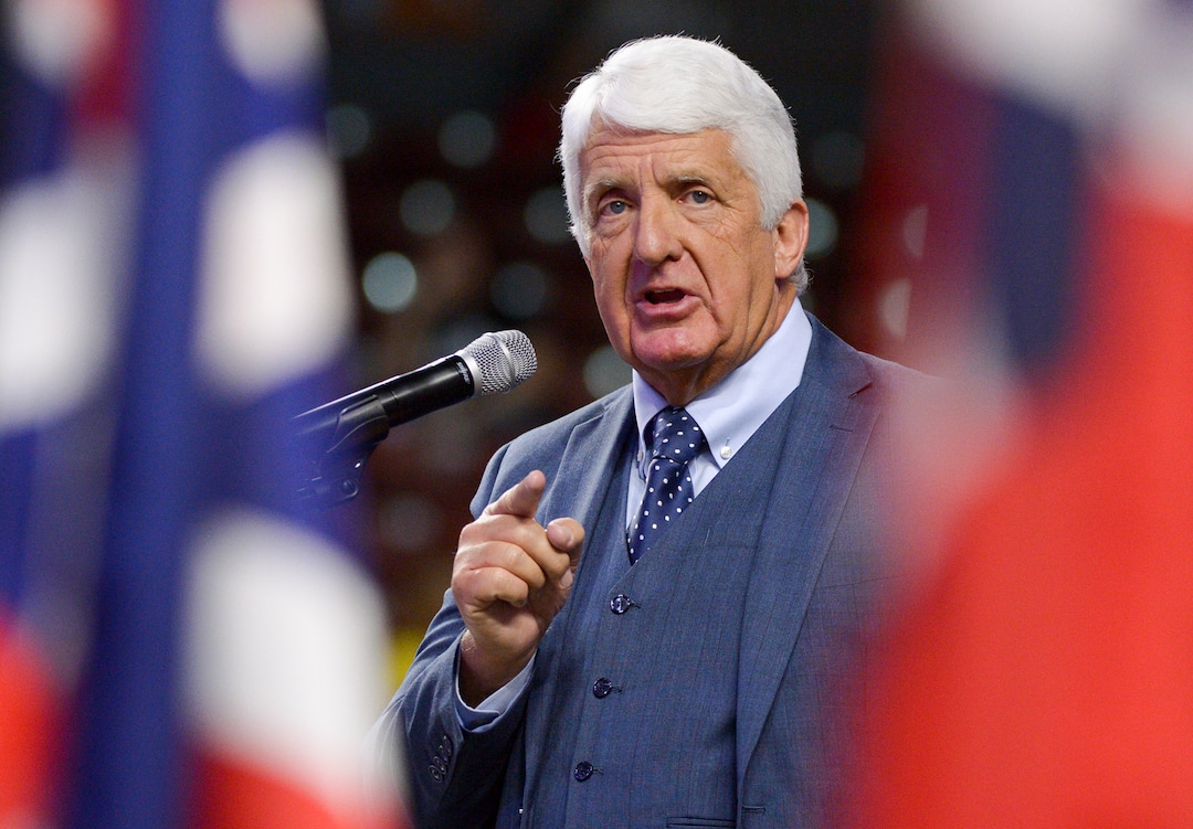 (Leah Hogsten  |  The Salt Lake Tribune) Rob Bishop, Representative for Utah's 1st Congressional District delivers his re-election speech at the Utah Republican Nominating Convention Saturday, April 21, 2018 at the Maverik Center. 
