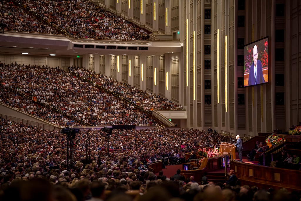 (Trent Nelson | The Salt Lake Tribune) President Dallin H. Oaks speaks General Conference in October. Conference speakers, apostle Gerrit Gong says, are instructed not to use artificial intelligence to "create initial drafts or final versions of their messages.”