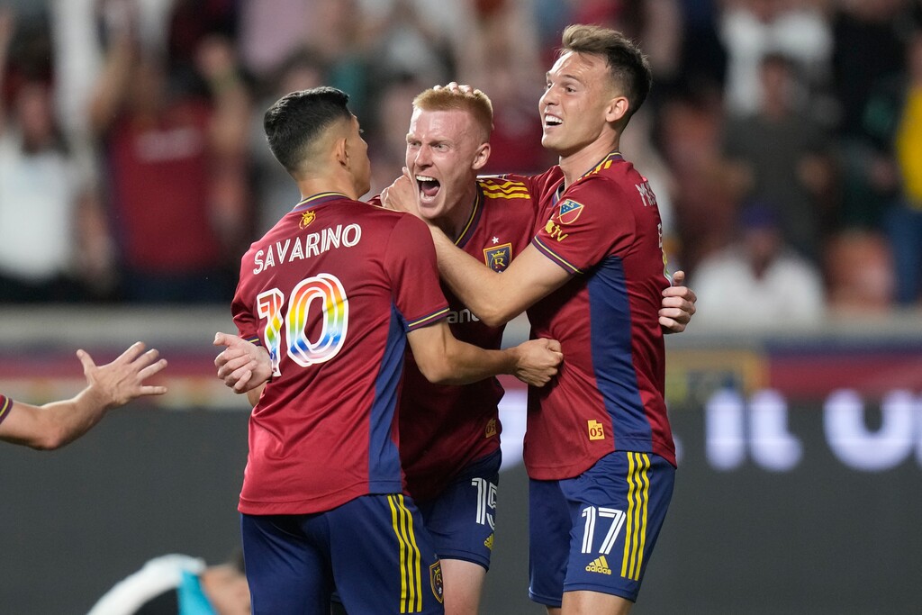Real Salt Lake's Justen Glad (15) celebrates his goal against Minnesota United withDanny Musovski (17) and Jefferson Savarino (10) during the second half of an MLS soccer match Saturday, June 24, 2023, in Sandy, Utah. (AP Photo/Rick Bowmer)
