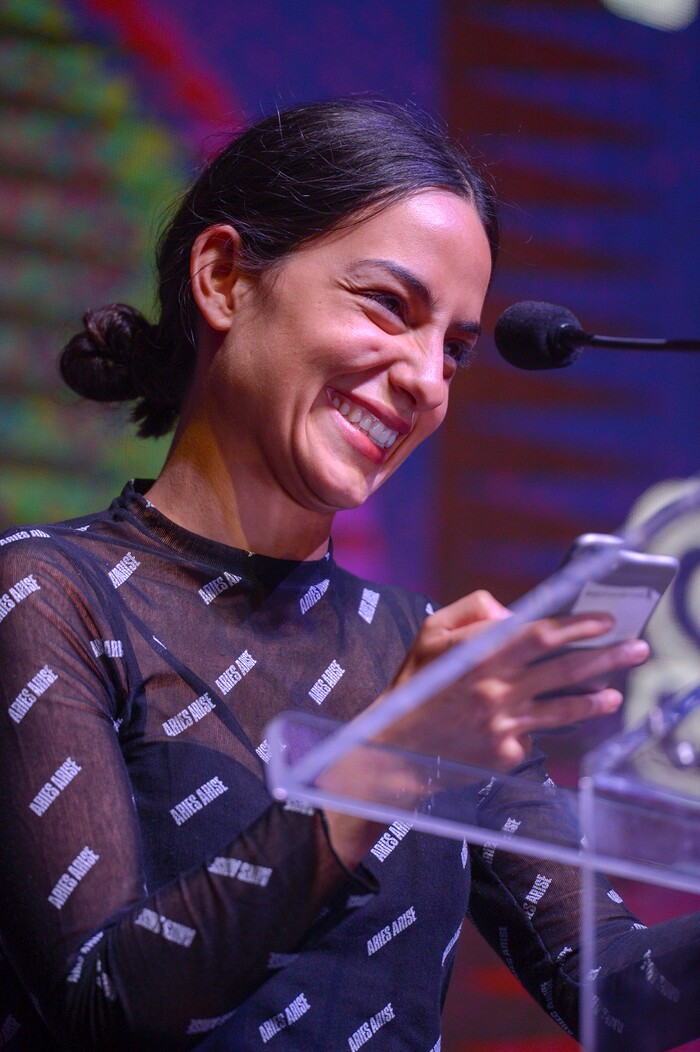 Leah Hogsten  |  The Salt Lake Tribune  Director/Screenwriter Pippa Bianco reacts to winning the Sundance Waldo Salt Screenwriting Award U.S. Dramatic for her film Share, Director/Screenwriter during the awards ceremony for the 2019 Sundance Film Festival at the Basin Fieldhouse in Park City, Feb. 2, 2019. 