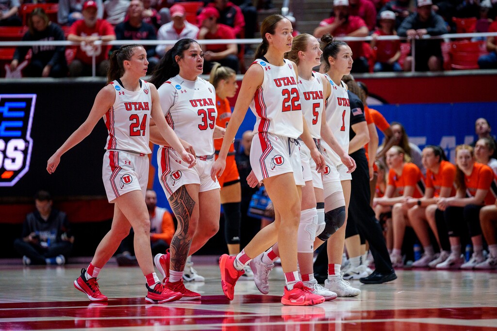 (Trent Nelson | The Salt Lake Tribune) Utah Utes guard Kennady McQueen (24), Utah Utes forward Alissa Pili (35), Utah Utes forward Jenna Johnson (22), Utah Utes guard Gianna Kneepkens (5) and Utah Utes guard Issy Palmer (1) as Utah hosts Princeton, NCAA basketball in Salt Lake City on Sunday, March 19, 2023.