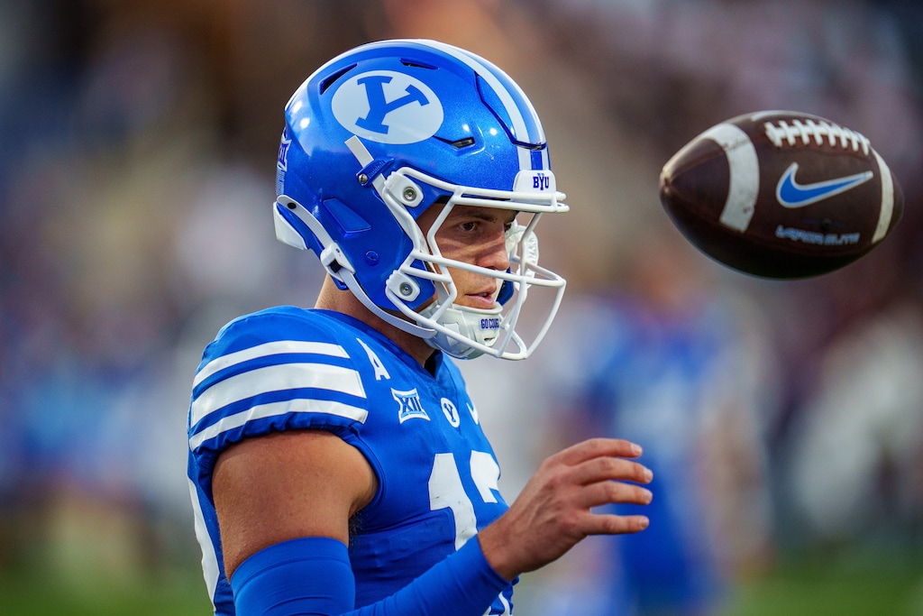 (Trent Nelson  |  The Salt Lake Tribune) Brigham Young Cougars quarterback Jake Retzlaff (12) as BYU hosts Southern Illinois, NCAA football in Provo on Saturday, Aug. 31, 2024.