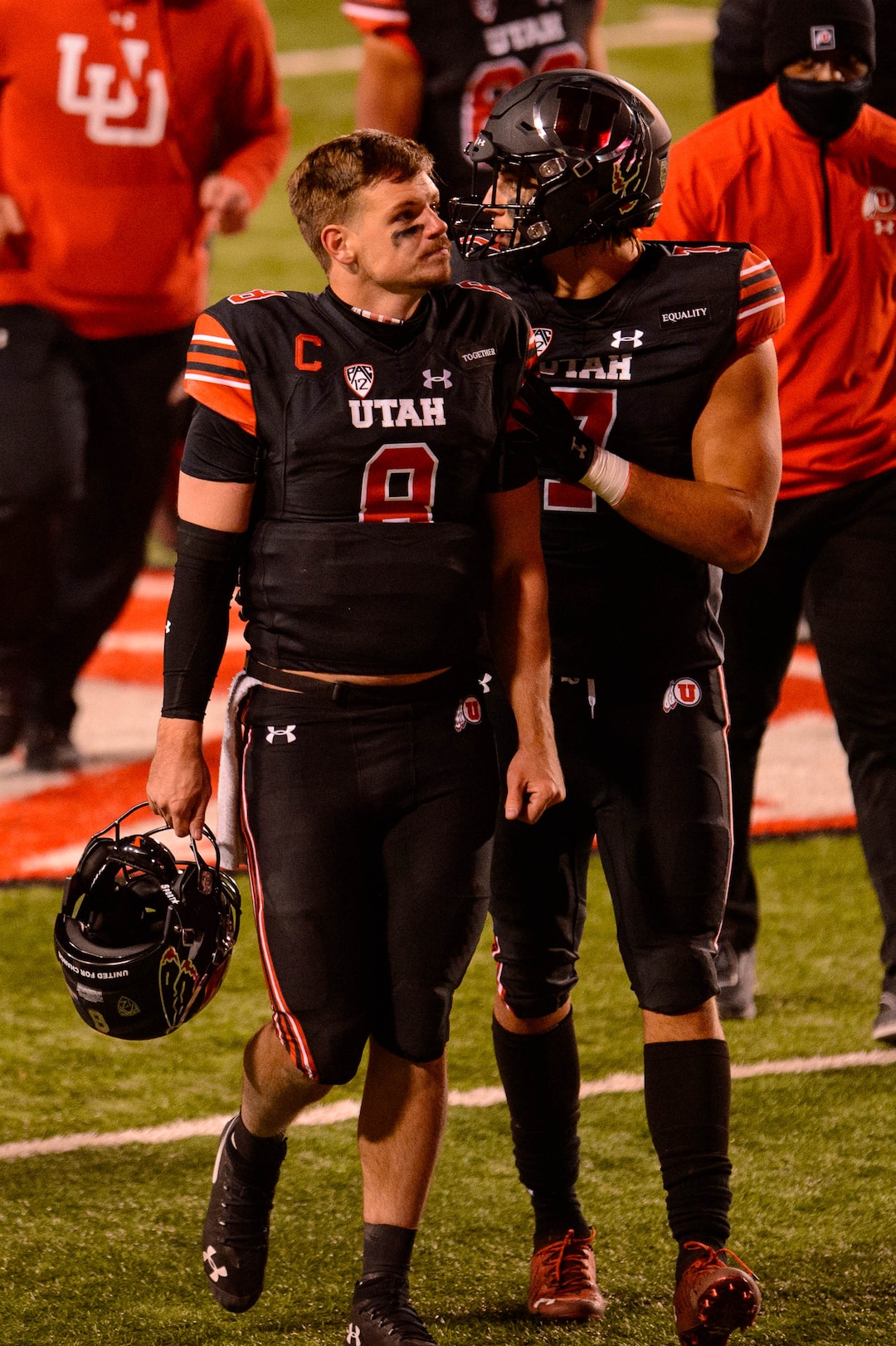 (Trent Nelson  |  The Salt Lake Tribune) Utah Utes quarterback Jake Bentley (8) and Utah Utes quarterback Cameron Rising (7) walk off the field as the Utah Utes lose to the USC Trojans, NCAA football at Rice-Eccles Stadium in Salt Lake City on Saturday, Nov. 21, 2020.