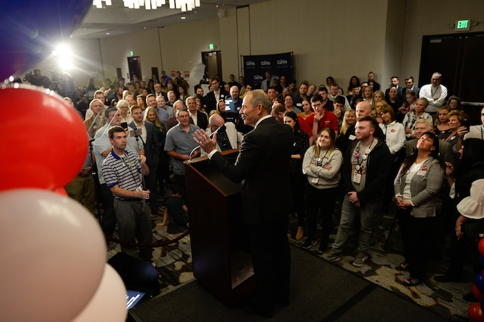 (Francisco Kjolseth  |  The Salt Lake Tribune)  John Curtis, Republican candidate for 3rd Congressional District celebrates his win at the Provo Marriott Hotel & Conference Center Tuesday, Nov. 7, 2017. Curtis will fill the congressional seat recently vacated by Jason Chaffetz.
