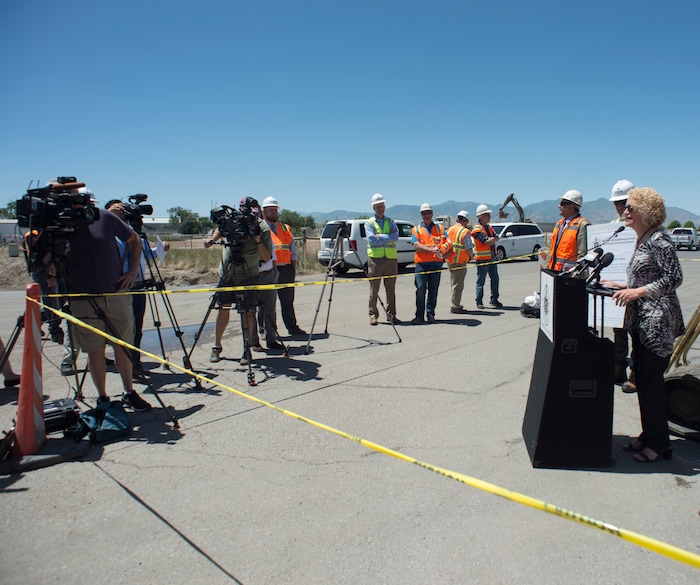(Rick Egan | The Salt Lake Tribune) Salt Lake City Mayor Jackie Biskupski announces the start of the city’s 2018 road construction season at a new conference at 720 South Gladiola Street. A total of ten projects are scheduled for completion by the City’s Engineering Division through a combined investment of $5 million. Monday, June 11, 2018.